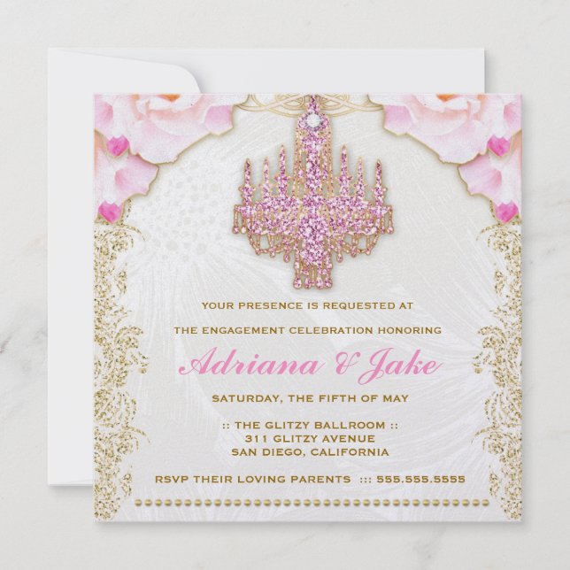 311 Glitzy Rosa Kristallkrona Metallisk Inbjudan (Framsida)