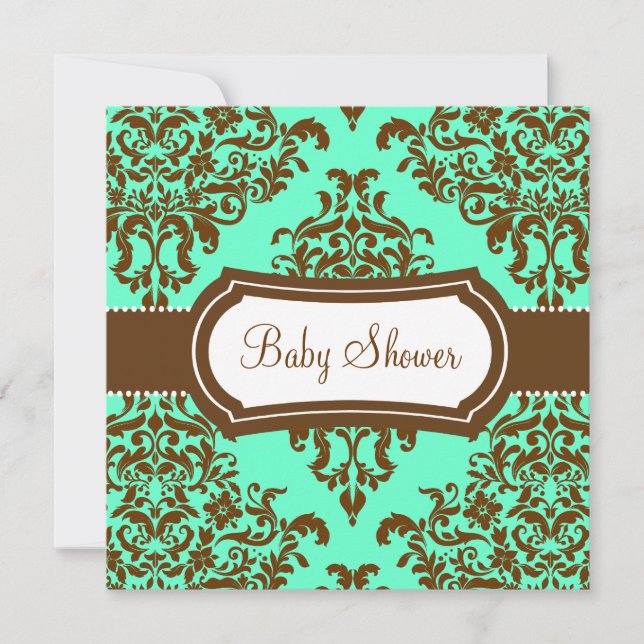 311 Lovey Dovey Damask Baby Shower Mint Chocolate Inbjudningar (Framsida)