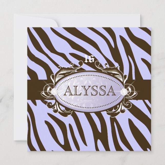 311-Luxuriöst Lilac Brown Zebra Sweet 16 Inbjudningar (Framsida)