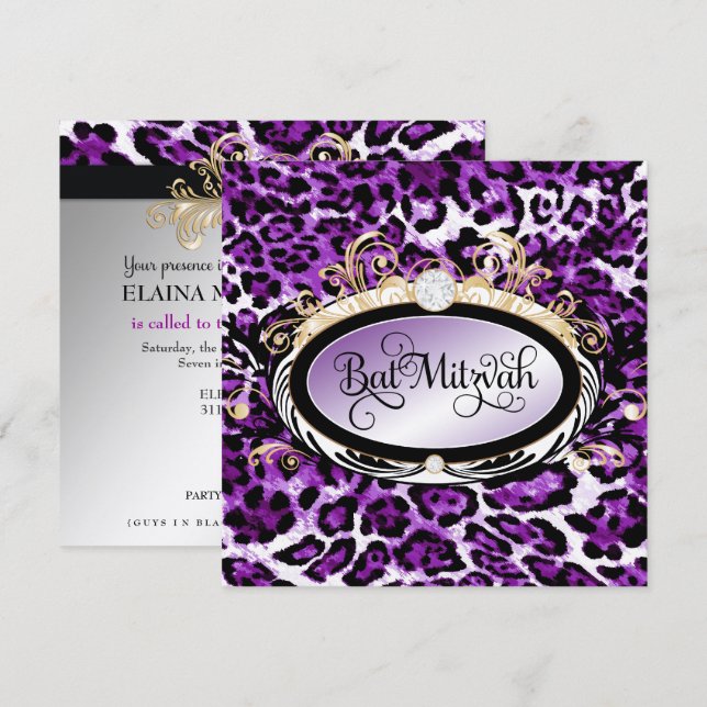 311 Opulent Guld Lila Leopard Metallisk Papprare Inbjudningar (Fram/baksida)
