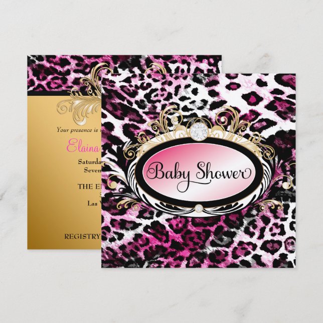 311 Opulent Shock rosa Leopard Baby Shower Metalli Inbjudningar (Fram/baksida)