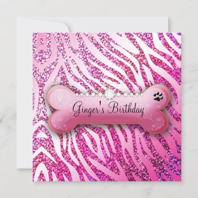 311 Posh Pooch Birthday Inbjudan Glitter Zebra (Framsida)
