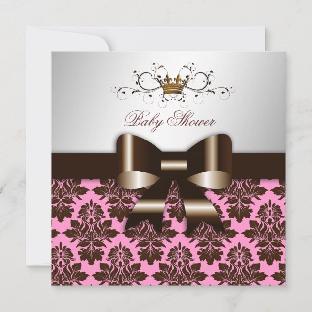 311 Rosa av Blackberry Brown Damask| Baby Inbjudningar (Framsida)