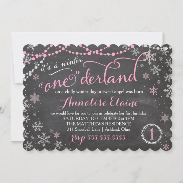 311 Rosa Winter ONEderland Birthday Inbjudan (Framsida)