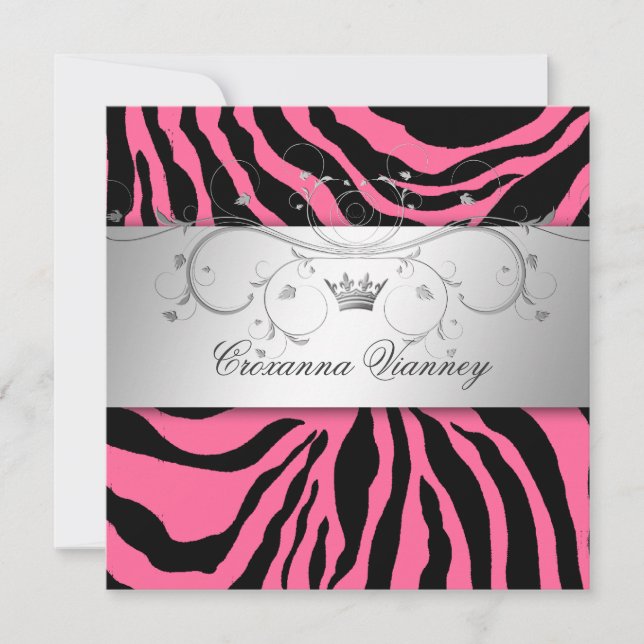 311-Silver Divine Rosa Zebra Quinceanera Inbjudningar (Framsida)