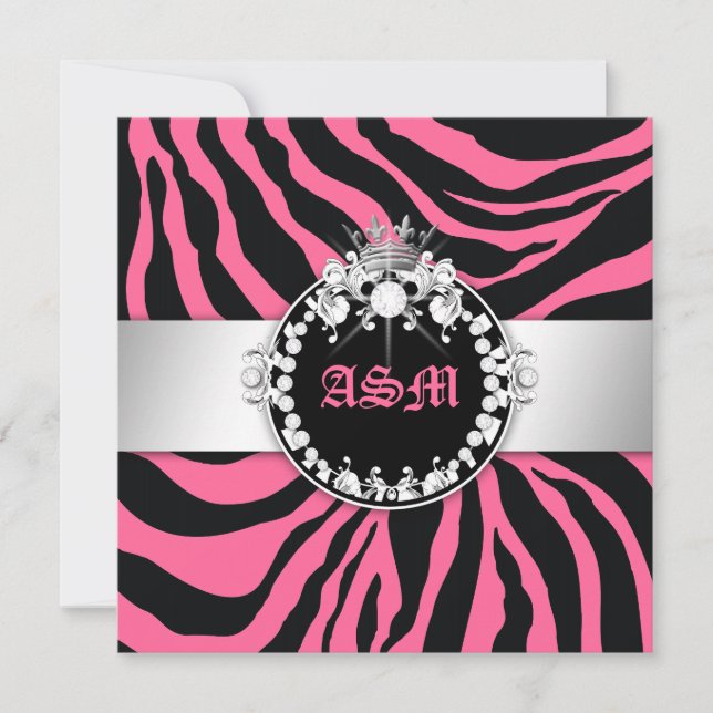 311-Zebra-Tique Diamonds n'Kisses Sweet 16 Rosa Inbjudningar (Framsida)