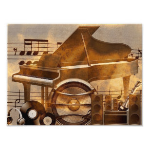 313583 DIGITAL MUSICAL GOLDEN COLLAGE GUITAR PIANO FOTOTRYCK