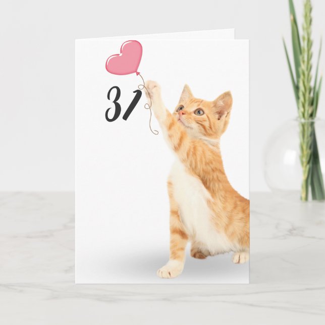 31-års födelsedag tabby katt med hjärta ballong kort (Framsida)