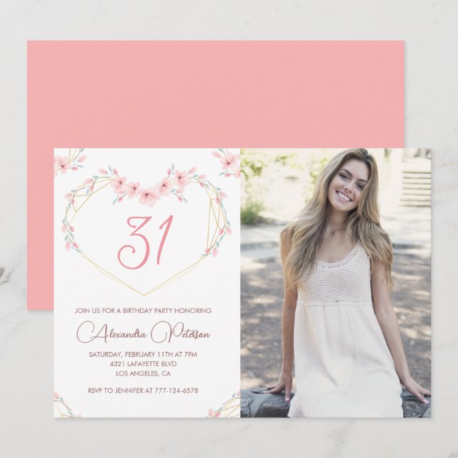 31-års födelsedagsinbjudningar Boho Blommig Foto Inbjudningar (Fram/baksida)