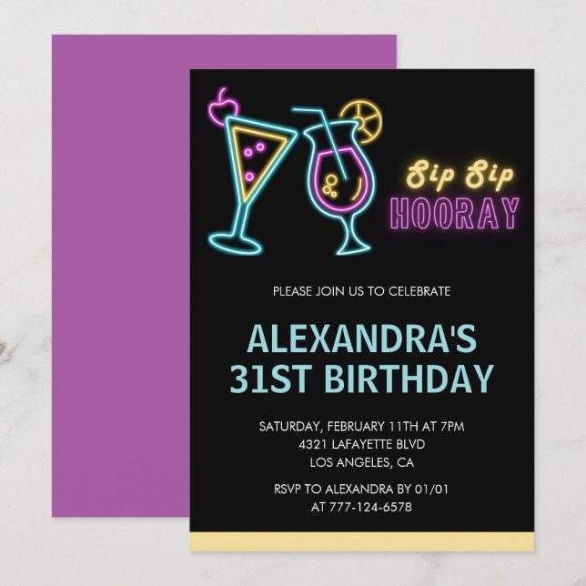 31-års födelsedagsinbjudningar Cocktail Neon Glow Inbjudningar (Fram/baksida)