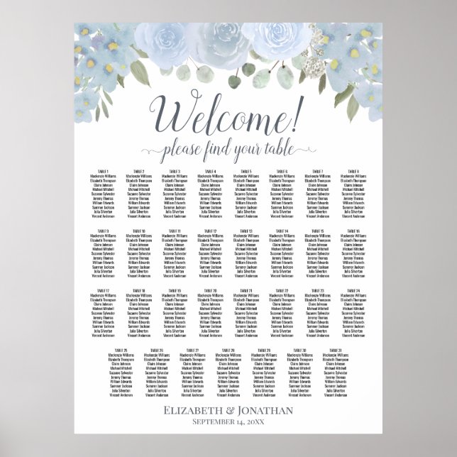 31 Bord Bröllopsplatskarta Dammig Blå Blommig Poster (Framsidan)