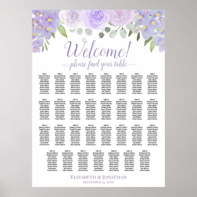 31 Bord Lavendel Boho Rosor Bröllopsplatskarta Poster (Framsidan)