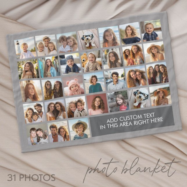 31 Fotokollage rutnät - Textruta - grå Fleecefilt (Photo Blanket - Custom Pictures in a Collage)