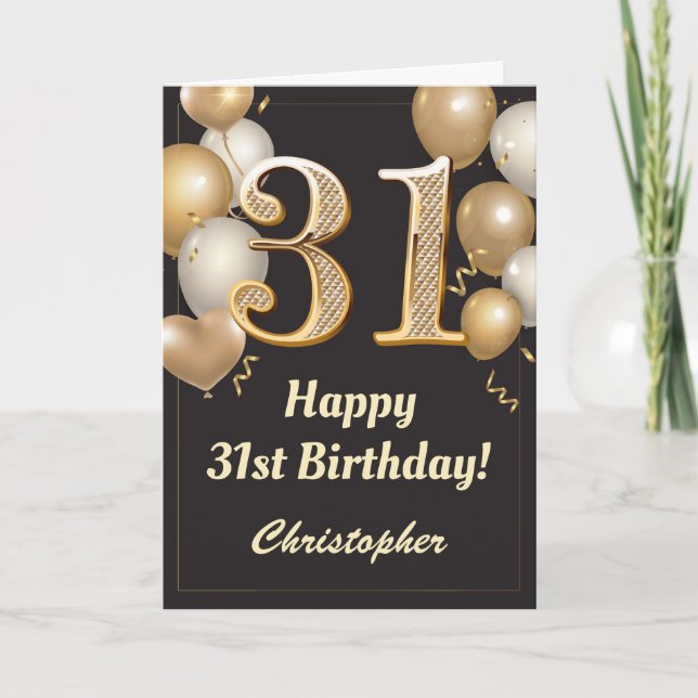 31a Birthday Black och Guld Balloons Confetti Kort (Framsida)