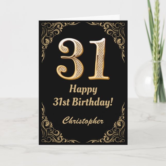 31a Birthday Black och Guld Glitter Ram Kort (Framsida)