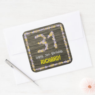 31a Birthday: Blommigt Number, Faux Wood look, Nam Fyrkantigt Klistermärke