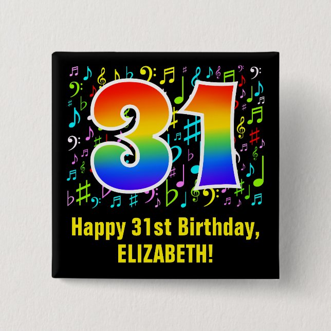 31a Birthday: Colorful Music Symbols, Rainbow 31 Knapp (Framsida)