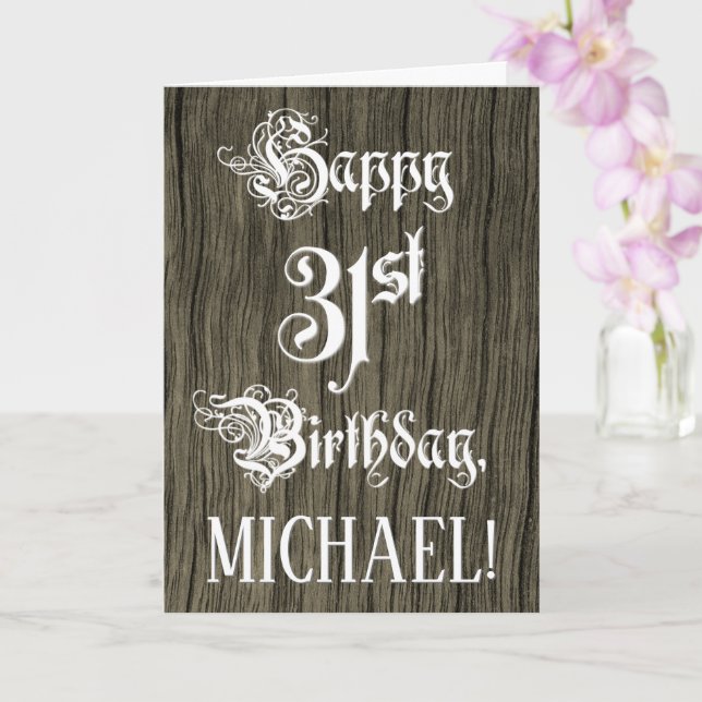 31a Birthday: Finare, Elegant Text; Faux Wood look Kort (Orkide)