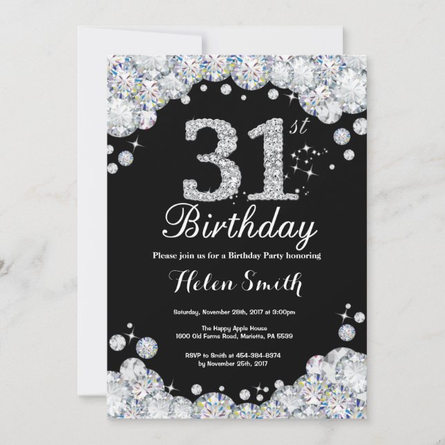 31a Birthday-inbjudan: Chalkboard Silver Diamond Inbjudningar (Framsida)