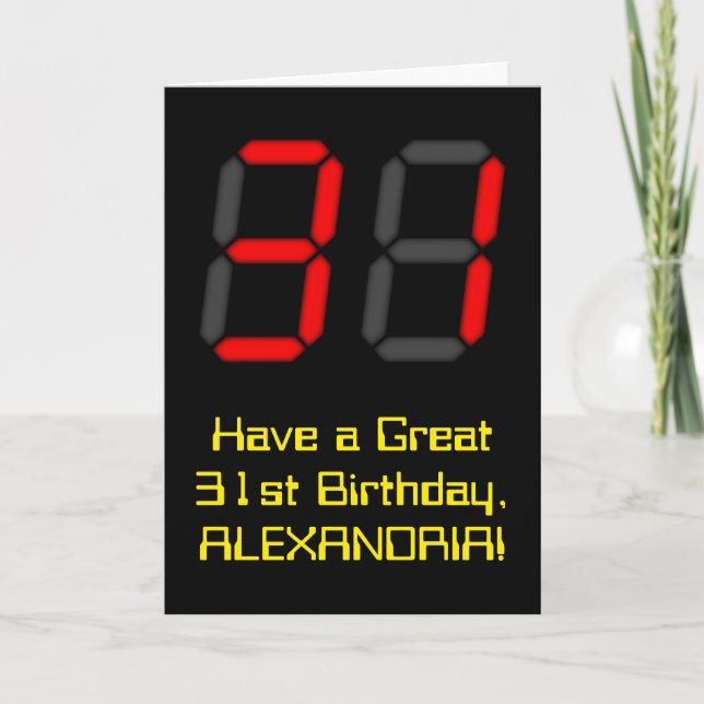 31a Birthday: Red Digital Clock Stil "31" + Namn Kort (Framsida)