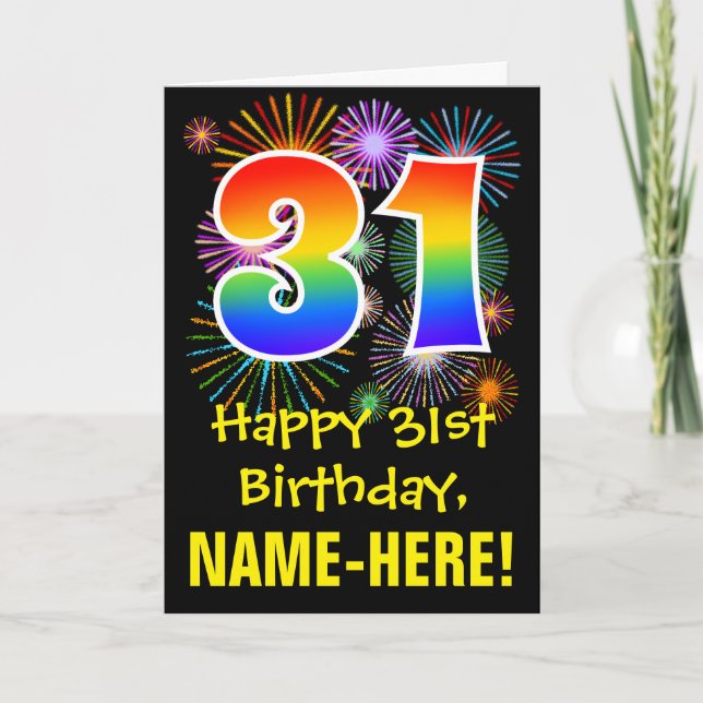 31a Birthday: Roligt Fireworks Mönster + Rainbow 3 Kort (Framsida)