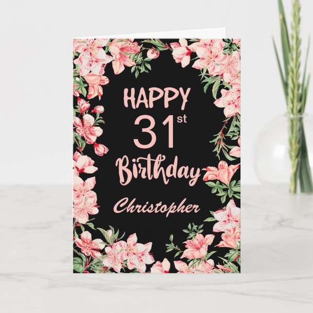 31a Birthday Rosa Peach Watercolor Blommigt Black Kort (Framsida)