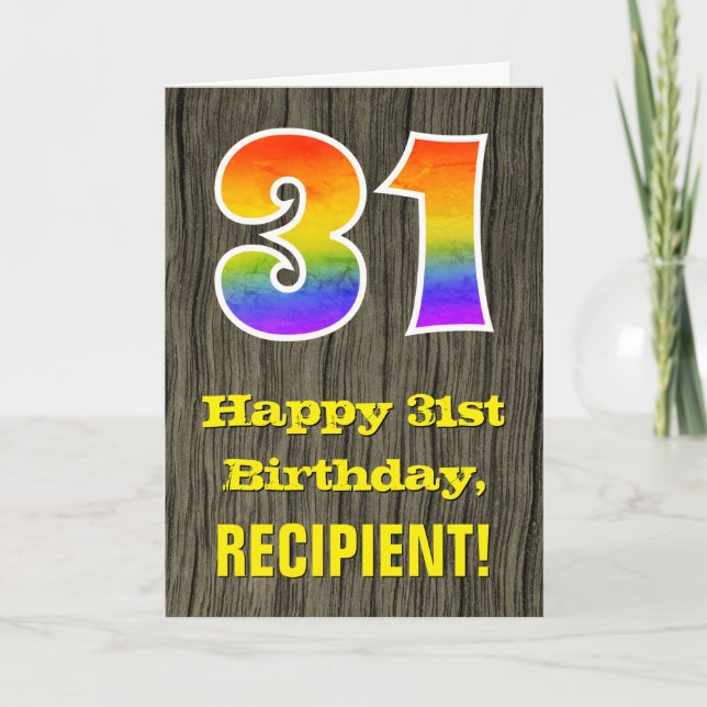 31a Birthday: Rustic Faux Wood look, Rainbow ’31’ Kort (Framsida)