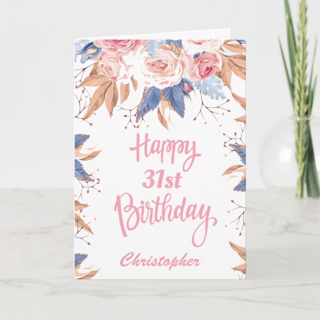 31a Birthday Watercolor Botanical Rosa Blommigt Kort (Framsida)