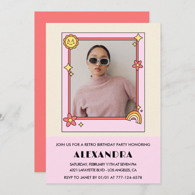 31ans födelsedagsinbjudan Retro Photo Rosa Blommig Inbjudningar (Fram/baksida)