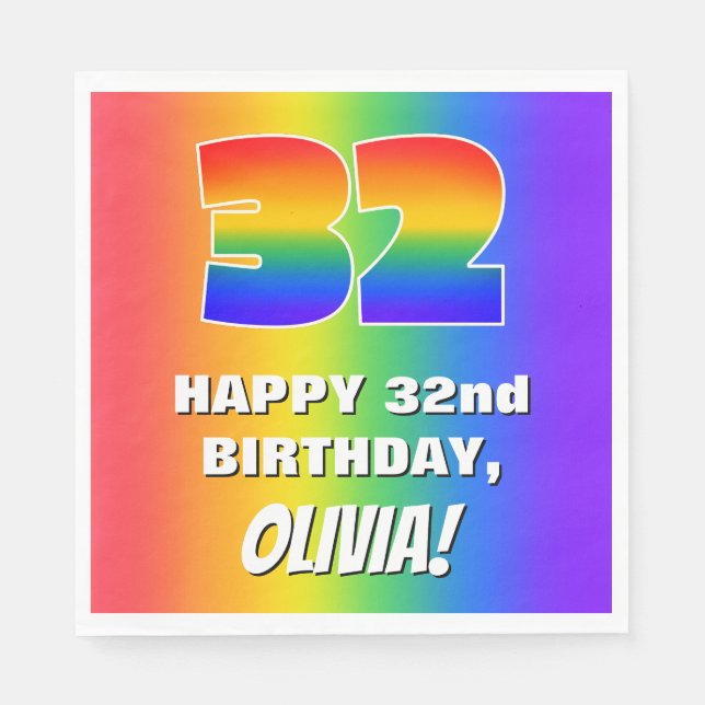 32:a födelsedag: färgfull, Roligt Rainbow Mönster  Pappersservett (Framsidan)