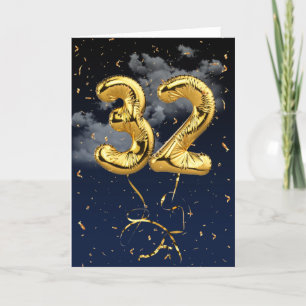 32:a födelsedag Guld Mylar Balloon and Confetti Ca Kort