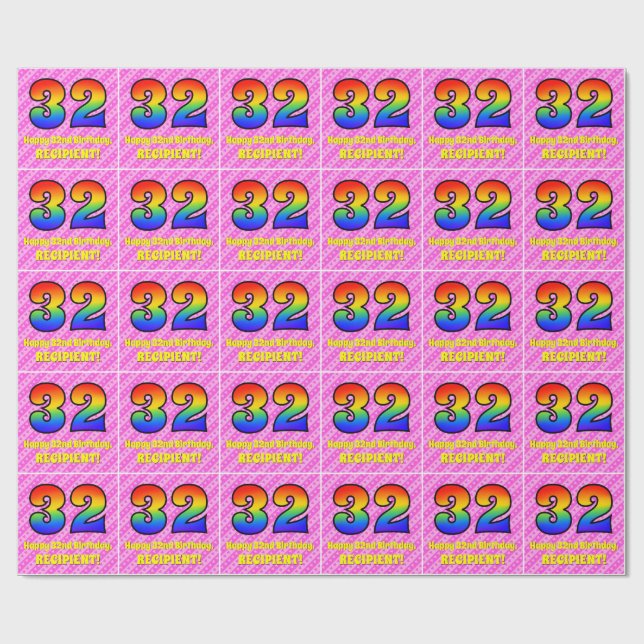 32:a födelsedagen: Rosa Rand & Hearts, regnbåge nr Presentpapper (Platt)