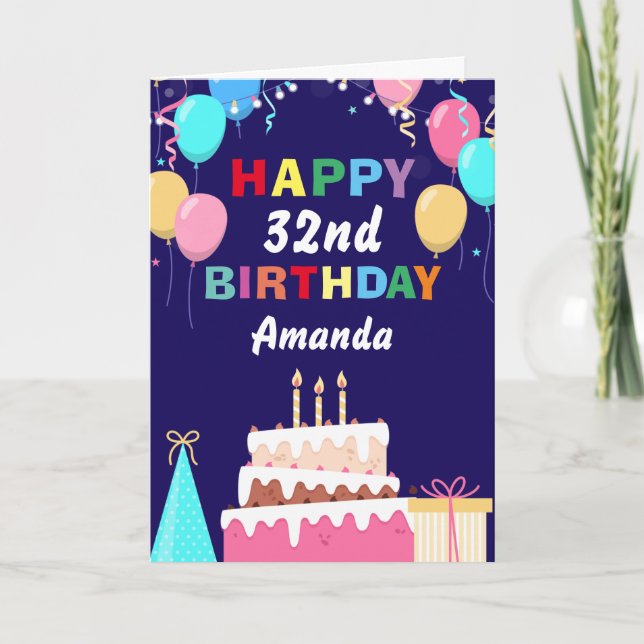 32:a Grattis på födelsedagen-ballongen Cake Navy B Kort (Framsida)