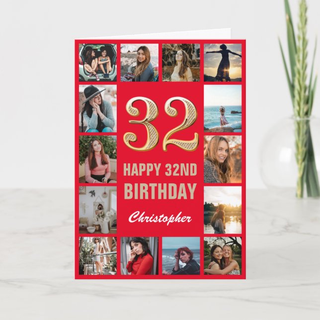32:a Grattis på födelsedagen Red and Guld Photo Co Kort (Framsida)