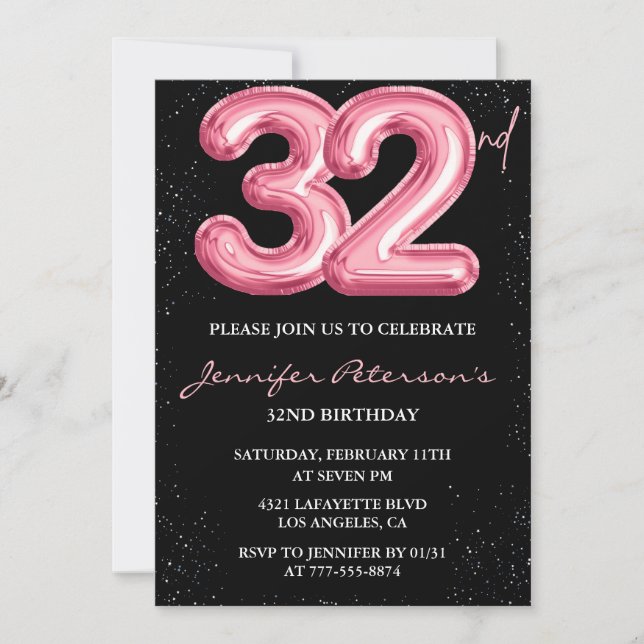 32-års födelsedagsinbjudningar Rosa Ballong Glam S Inbjudningar (Framsida)