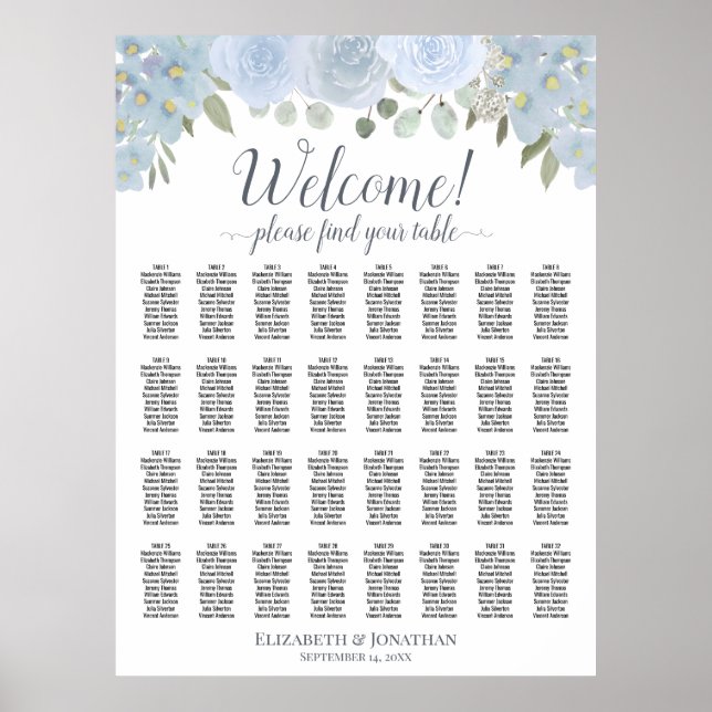 32 Bord Dammt Blå Boho Chic Blommig Placeringsplan Poster (Framsidan)