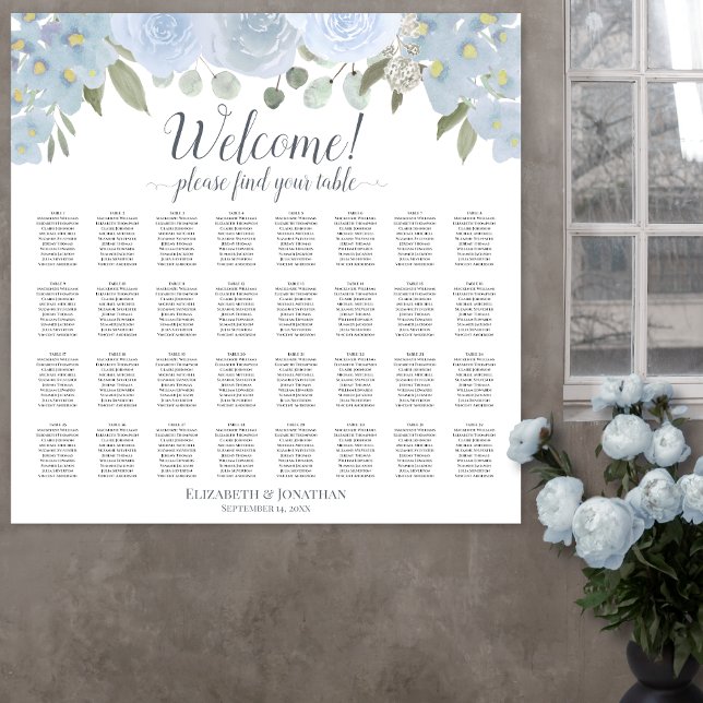32 Bord Dusty Blue Boho Chic Blommigt Sittdiagram  Poster (In Situ on Wall)