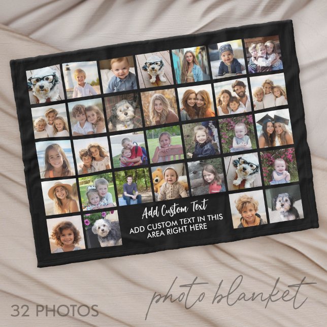 32 Photo Collage Grid - Text box - black white Fleecefilt (Photo Blanket - Custom Pictures in a Collage)