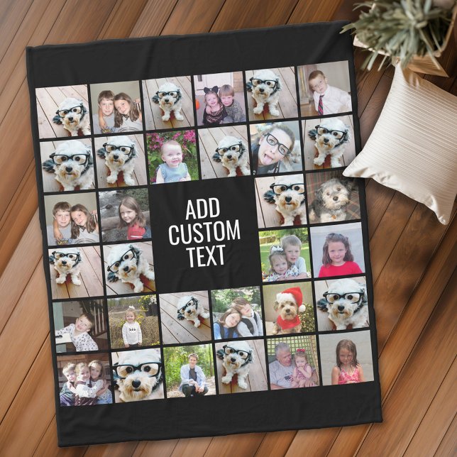 32 Photo Collage Modern Square Black - White Text Fleecefilt (Personalized fleece blanket with 32 photos and text)