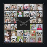 32 Photo Collage Modern Square Layout Black Fyrkantig Klocka<br><div class="desc">Användan har klippt foton för bästa resultat! Ladda upp fyrkantiga foton från ditt mobila eller till och med Instagram för att få en slående anpassningsbar att leta efter ditt hem. Du kan använda bilder på vänner eller husdjur och sedan matcha ditt eget decor genom att byta färg. Använda färg eller...</div>