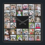 32 Photo Collage Modern Square Layout Black Fyrkantig Klocka<br><div class="desc">Användan har klippt foton för bästa resultat! Ladda upp fyrkantiga foton från ditt mobila eller till och med Instagram för att få en slående anpassningsbar att leta efter ditt hem. Du kan använda bilder på vänner eller husdjur och sedan matcha ditt eget decor genom att byta färg. Använda färg eller...</div>
