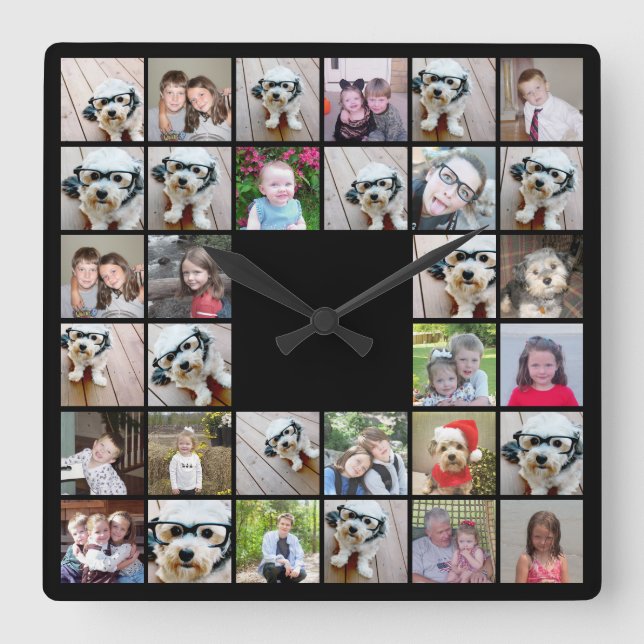 32 Photo Collage Modern Square Layout Black Fyrkantig Klocka (Framsida)