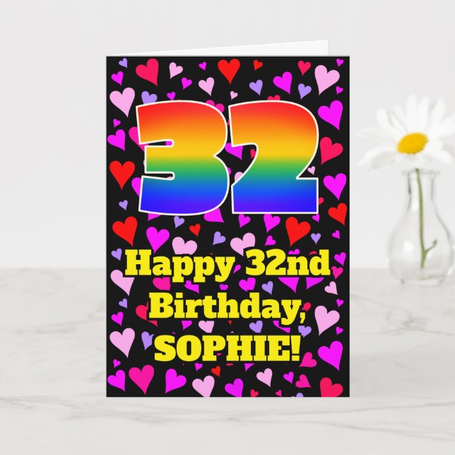 32nd Birthday: Loving Hearts Pattern, Rainbow # 32 Kort (Liten växt)