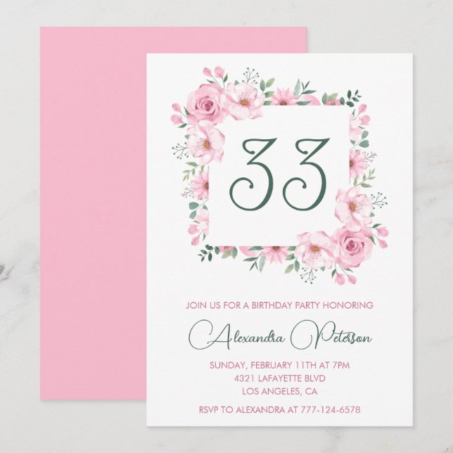 33-års födelsedagsinbjudan Boho Floral Rosa Elegan Inbjudningar (Fram/baksida)