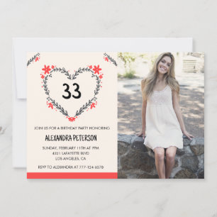 33-års födelsedagsinbjudan Foto Blommig Hjarta Meddelande