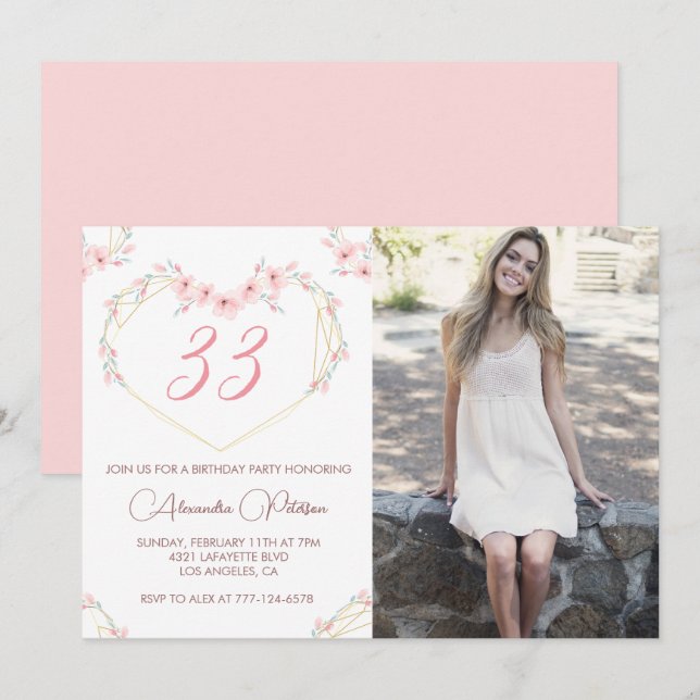33-års födelsedagsinbjudan Foto Elegant Boho Meddelande (Fram/baksida)