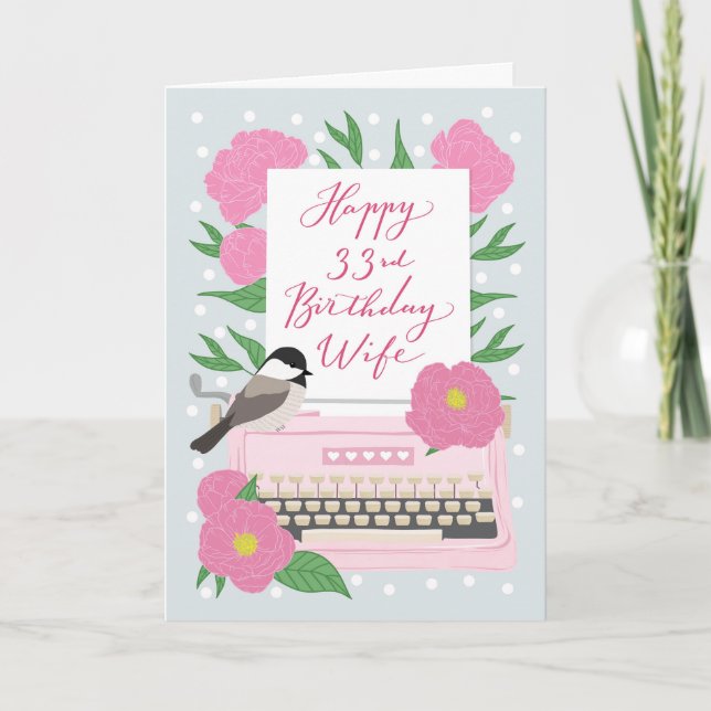 33-årsdag för fru | Skrivmaskin och blommor Kort (Framsida)