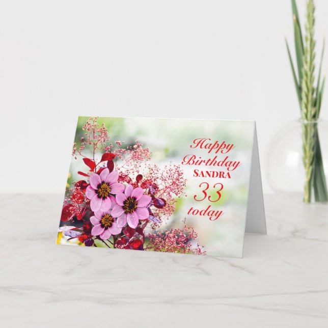 33:e födelsedag Rosa Flowers Add A Namn Card Kort (Framsida)