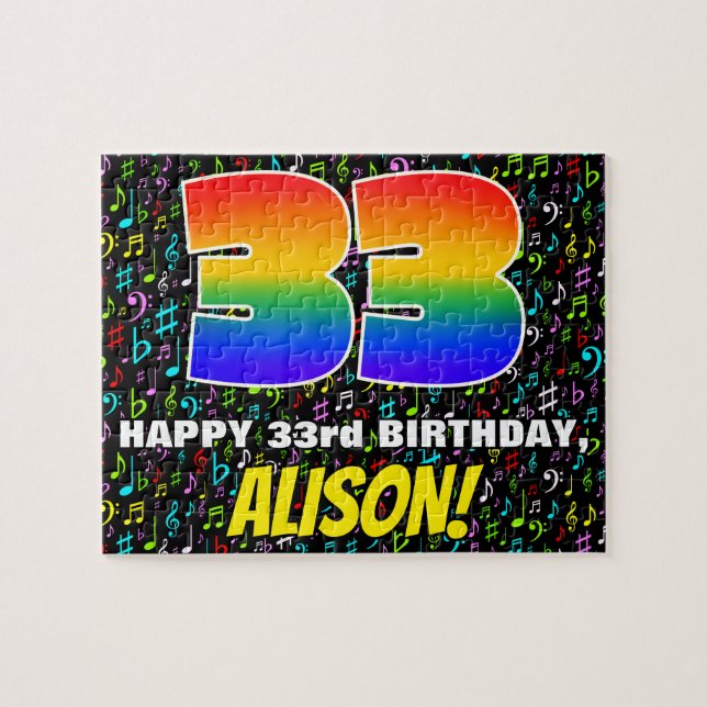 33:e födelsedagen - Roligt, färgstarka musiksymbol Pussel (Horisontell)