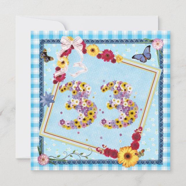 33:e Födelsedagsfest inbjudan-blommor,fjärilar Inbjudningar (Framsida)